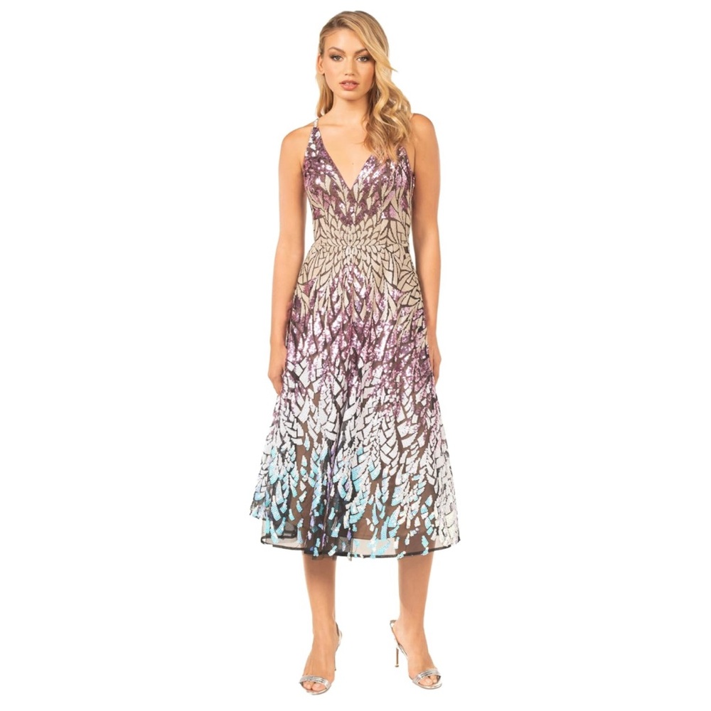 NWT Dress the Population Women’s Elisa Sequin Fit & Flare Midi Dress Small